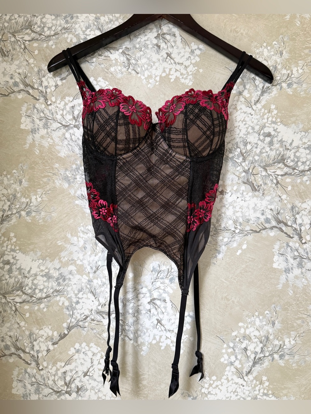 2002 Y2K Victoria’s Secret Black Pink Floral Embroidered Sheer Plaid Corset 34C